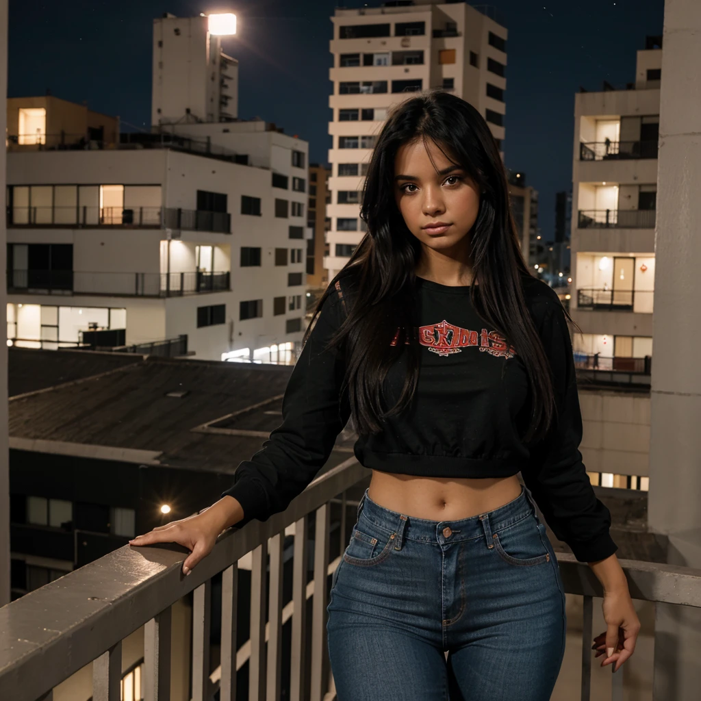 Mujer hermosa, 19 years, blusa roja, jeans, cabello largo negro, desde un departamento enorme edificio viendo de espaldas la ciudad de noche