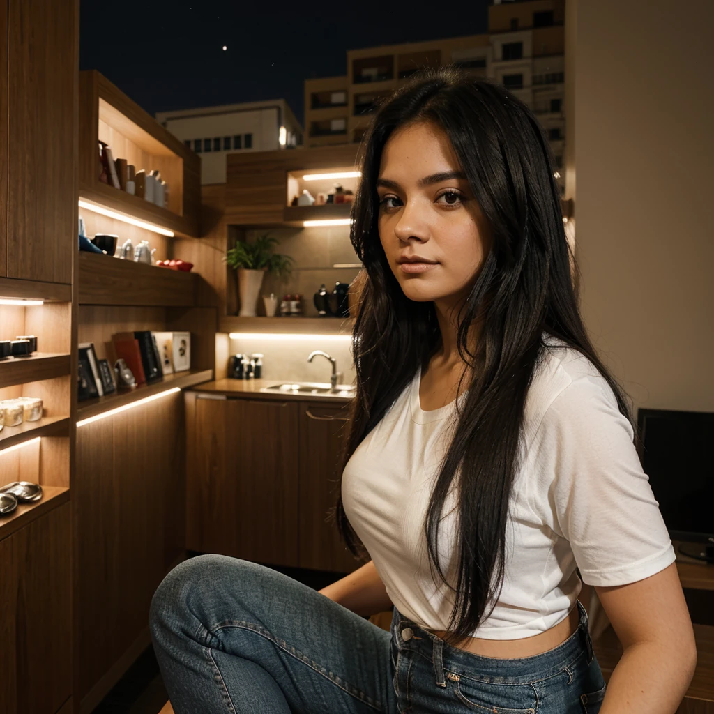 Mujer hermosa, 19 years, blusa roja, jeans, cabello largo negro, desde un departamento enorme edificio viendo de espaldas la ciudad de noche