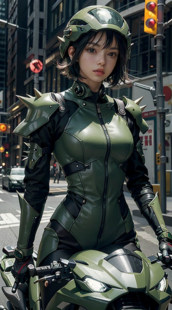 Highest image quality, outstanding details, ultra-high resolution, (realism: 1.4), the best illustration, favor details, highly condensed 1boy, with a delicate and beautiful face, dressed in a black and green mecha, wearing a mecha helmet, holding a directional controller, riding on a motorcycle, the background is a high-tech lighting scene of the future city,wide hips, thin and narrow weist, young man, young man , very small spikey boyish haircut 