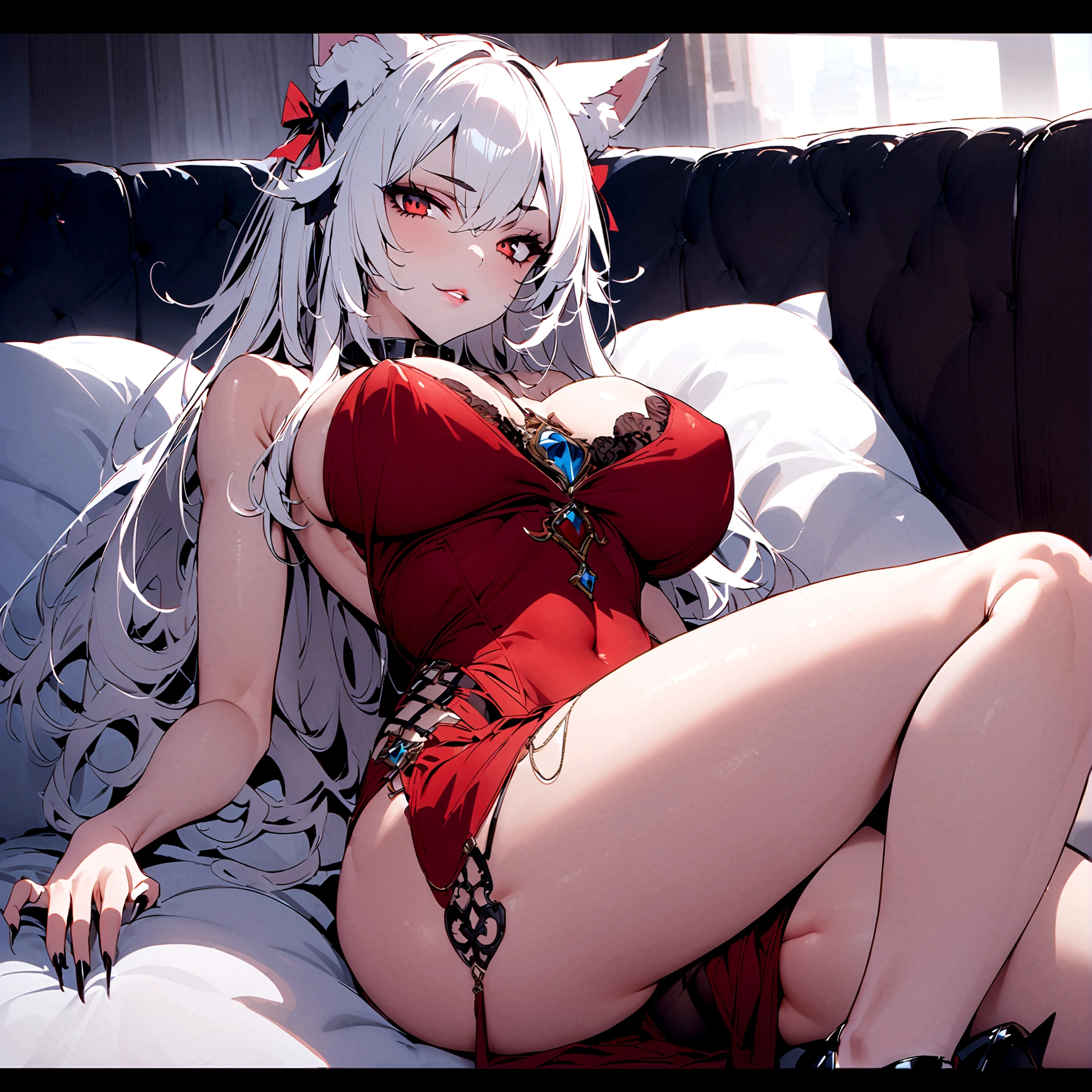 (Modelshoot style), A sexy cat girl ((busty, toned body)), white fluffy ears, white hair (some black strands), red_dress (tight, sexy), black_nails, black-heels, black-stockings, on couch, leaning back, during, nsfw, big breasts (spilling out of sides and top of dress), dress into neck collar, tall, seductive face with nails, sharp nails, red_eyes, 