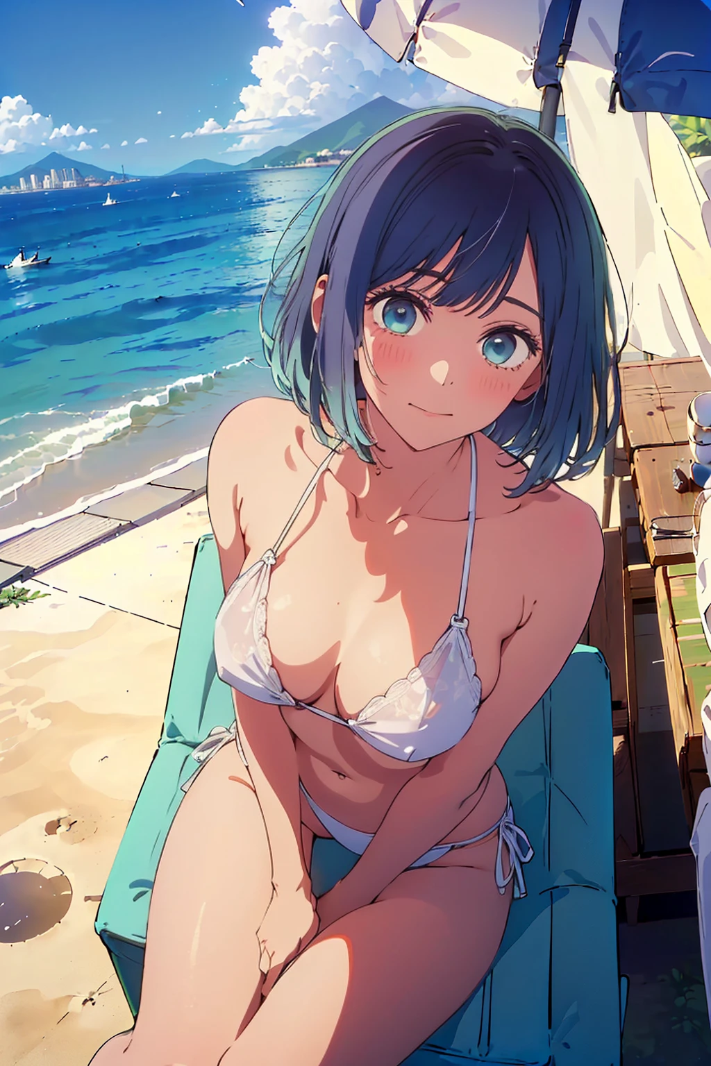 (Highest quality:1.4、8k:1.4,detailed),F cup bust、Big Breasts、Slim and beautiful arms、Slim body、Very white beautiful skin、((((1 person、smile、Swimwear、smile、sit、Chair、In the background are the urban buildings of Tokyo、Outdoor café terrace、coastal、Navy hair color、juice、table、She is wearing a white side-string high-leg bikini、Cheek resting on hand、Shot from slightly above、Looking up、Very cute face))))、looking at the camera、Very beautiful face、Very blue sky、A completely cloudless sky、She tilted her head slightly、The atmosphere is bright and lively、The woman is at the center of the image。