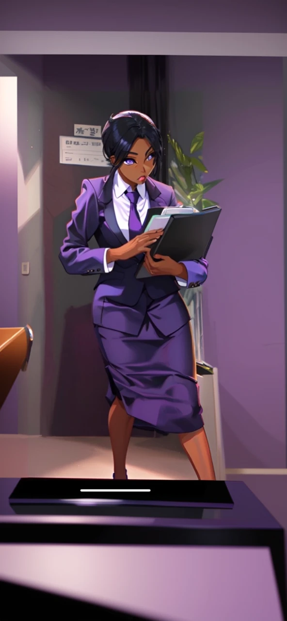 Black anime business woman in a purple skirt suit