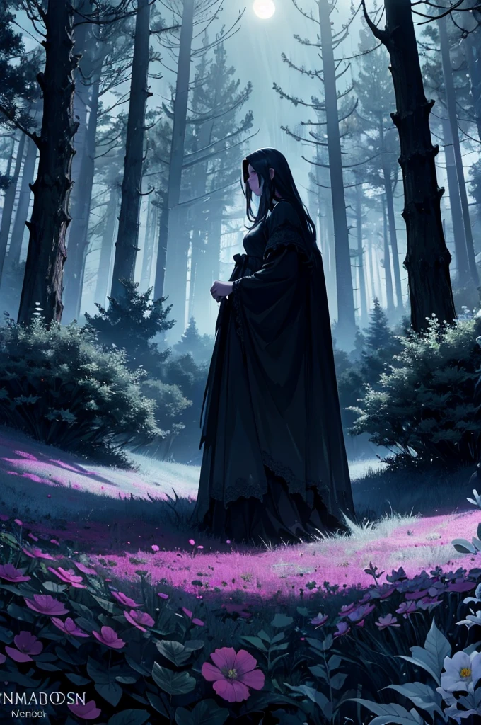 Movie poster production, fantasy style, eerie atmosphere, evening, big scene, fantasy style, forest, horror, dark lights, 1girl (long black straight hair, dark skinned, afro, using princess dress) looking at back, moon in the distance, distant view, there is a slightly castle in the distance, big scene, most detailed, masterpiece, official art, really pretty, dark colors, purple, Detailed HYPER DETAILS, A LOT OF DETAILS, HD, HD, 8K, COWBOY SHOT, HD --v 6