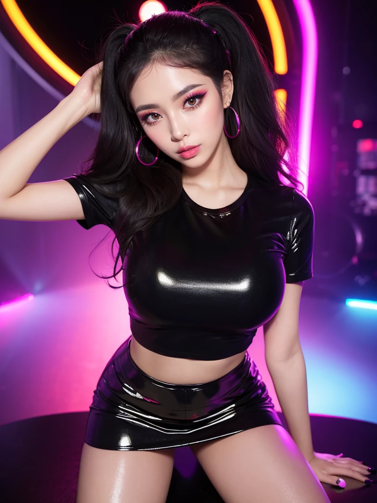 Beautiful woman、A face with glamorous eyeshadow and makeup、Nice body、Big Tits、Earrings、A sexy pose with both hands behind the head and legs wide open、Open-front short-sleeve shirt、Black vinyl micro mini skirt、Nightclub、Neon Light、Shiny skin、Sweaty body、From the thigh up、From below