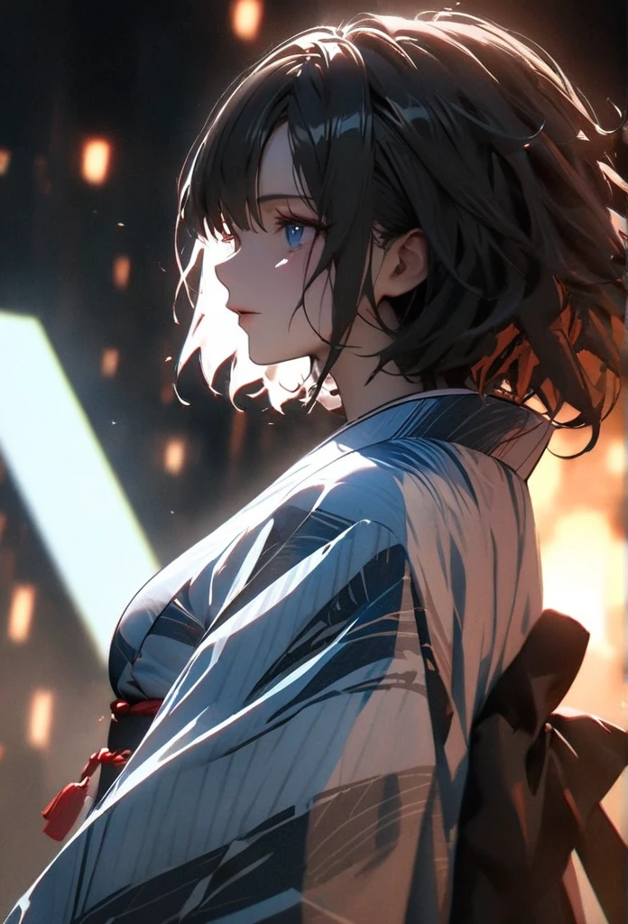 (solo), pitch black hair, messy hair, mane hair, short hair, dense hair, wild hair, expressive hai,(25 year old), pale skin, ((Female)), blue eyes, beautiful girl, wearing a white and blue decoration kimono, beautiful, attractive, huge breast, big ass, Yin, eye reflection, depth of field, thunder aura, cinematic lighting, ray tracing, depth of field, cinematic lighting, ray tracing, UHD, high details, best quality, highres, high quality, award winning, super detail, masterpiece, 8k, UHD, high details, best quality, highres, high quality, award winning, super detail, masterpiece, 8k, digital art, anime coloring, body shot, full body, back shot, good face, perfect face, detailed face, good eyes. The background is space. A whitehole in the background.