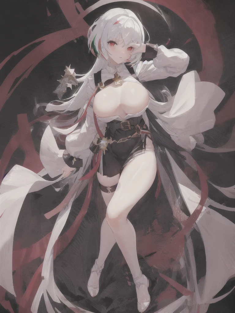 Beautiful, (masterpiece), (top quality), perfect eyes, perfect face, perfect light, one woman, multicolored hair, (white hair with light red tips), big round eyes, light red eyes, (slim), bright white skin, narrow shoulders, large chest, large hips, big full thighs, slender beautiful legs, short bob hair with see-through bangs, wearing a black collar, white t-shirt, black shoulder strap, gray leather belt with a gold buckle, short black skirt, long black stockings, shiny black high-heeled boots, adorned with a four-pointed gold star hairpin, plain background.