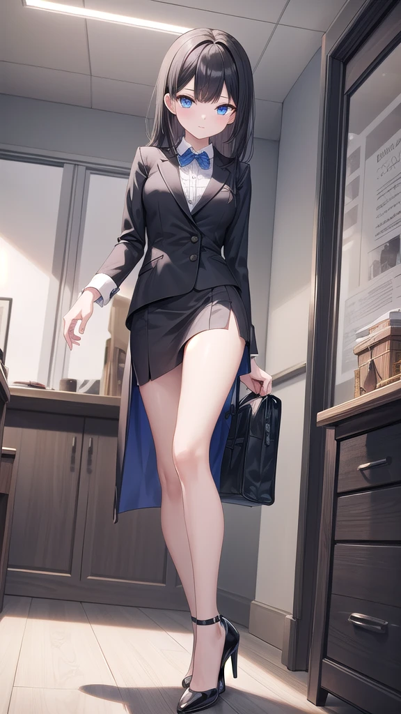 girl, 20 years old,Waist-length hair, Black Hair, blue eyes, Medium breasts, indoor,suit,Short skirt,Black buds,High heel,office,elegant,best quality, high resolution, Very detailed, Detailed background, Perfect lighting