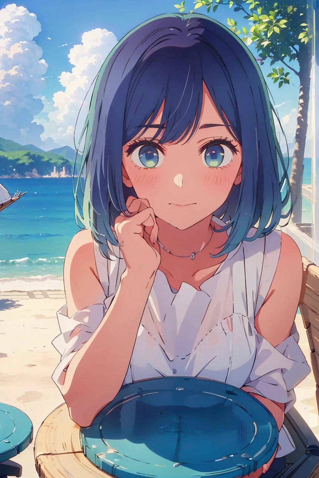 nsfw,Beautiful nipples、13 years old、、((?????))、(Highest quality:1.4、8k:1.4,detailed),Slim and beautiful arms、The body is slim、very white beautiful skin、((((1 person、sit、Chair、Outdoor cafe terrace、Coastal、Navy hair color、juice、table、Place your cheek on your hand、Very cute face))))、Looking into the camera、Very beautiful face、Very blue sky、cloudless sky、She tilted her head a little.、The atmosphere is bright and lively、smile、
