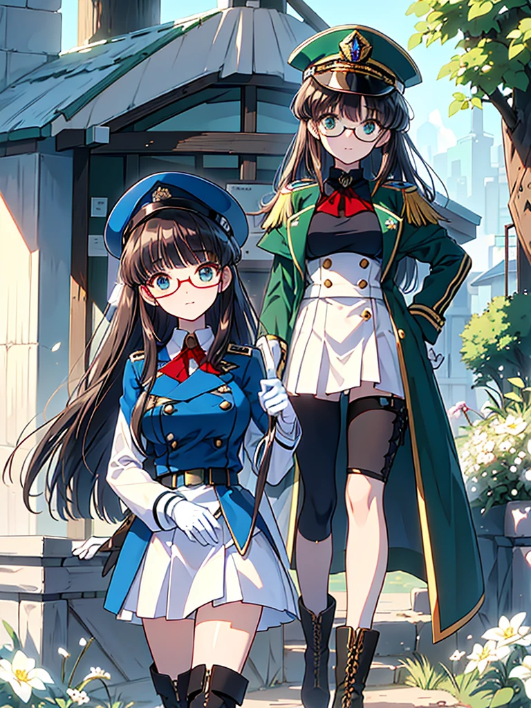 masterpiece, best quality, beautiful girl, brown hair whit white inner color, emerald green eyes, dark blue military uniform, mature_female, eye_glasses, white gloves, anime, dark blue military hat, very_long_hair, perfect body, red ribbon, commander, science_fiction, black knee-high boots, white pencil skirt , cowboy_shot, best quality, large_breasts, ultra-detailed, high quality, two-tone uniform, sci-fi, royal blue Trench Coat, fantasy world, one girl 