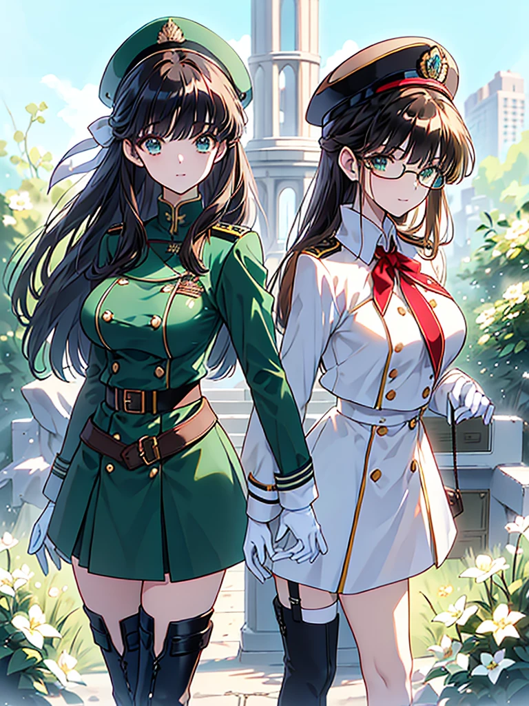 masterpiece, best quality, beautiful girl, brown hair whit white inner color, emerald green eyes, dark blue military uniform, mature_female, eye_glasses, white gloves, anime, dark blue military hat, very_long_hair, perfect body, red ribbon, commander, science_fiction, black knee-high boots, white pencil skirt , cowboy_shot, best quality, large_breasts, ultra-detailed, high quality, two-tone uniform, sci-fi, royal blue Trench Coat, fantasy world, one girl 