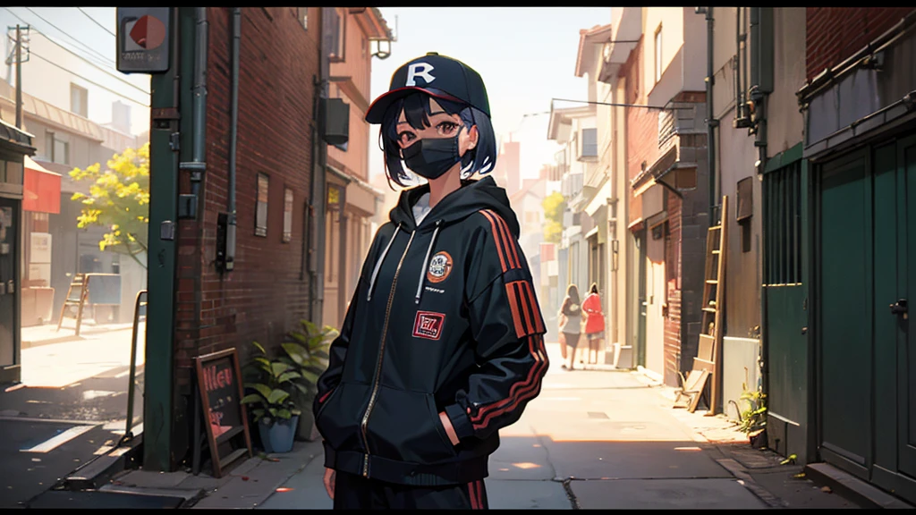 alley scene with a hip hop girl in the background with a mask posing for a camera