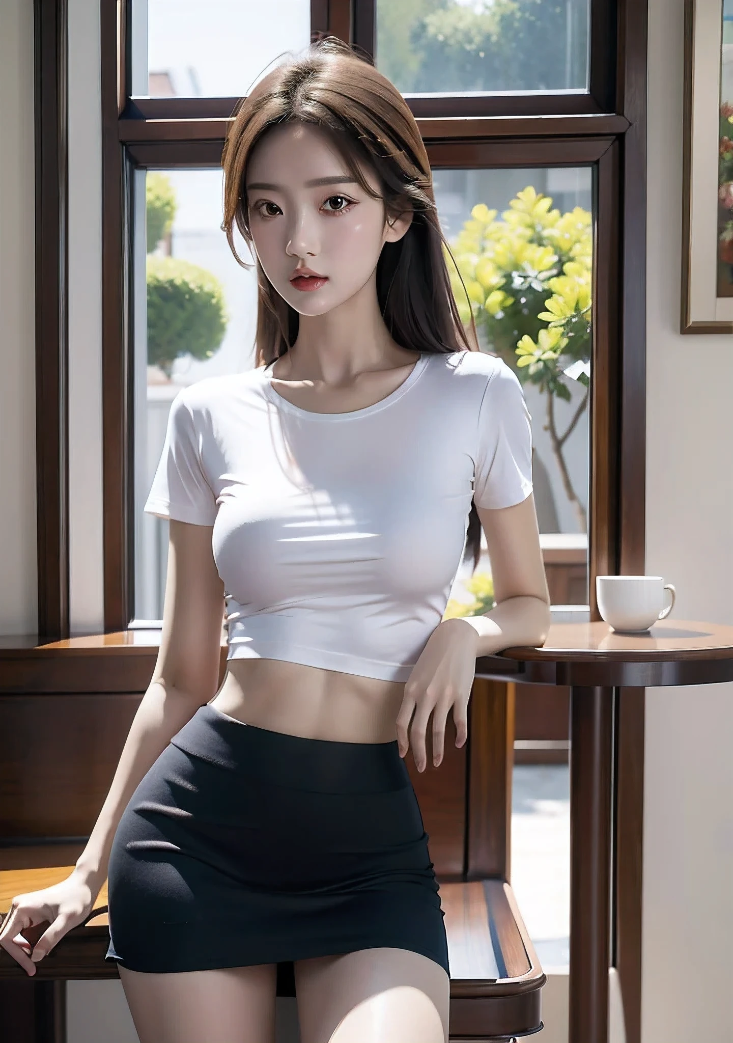 (masterpiece, best quality，High resolution, Super Detail：1.2), 1 Girl, Solitary，Wearing T-shirt，Hip skirt，Place your hands crossed on the table，Lean forward