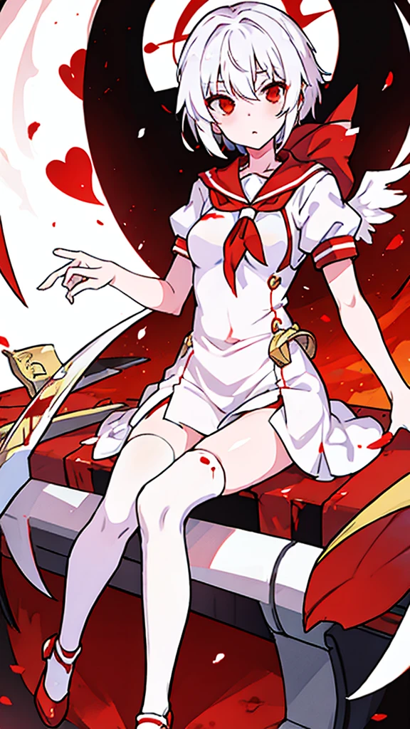 White short hair, Red eyes, small breast, long legs, Yandere girl, blood