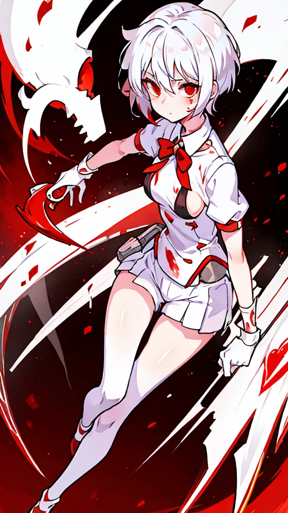 White short hair, Red eyes, small breast, long legs, Yandere girl, blood