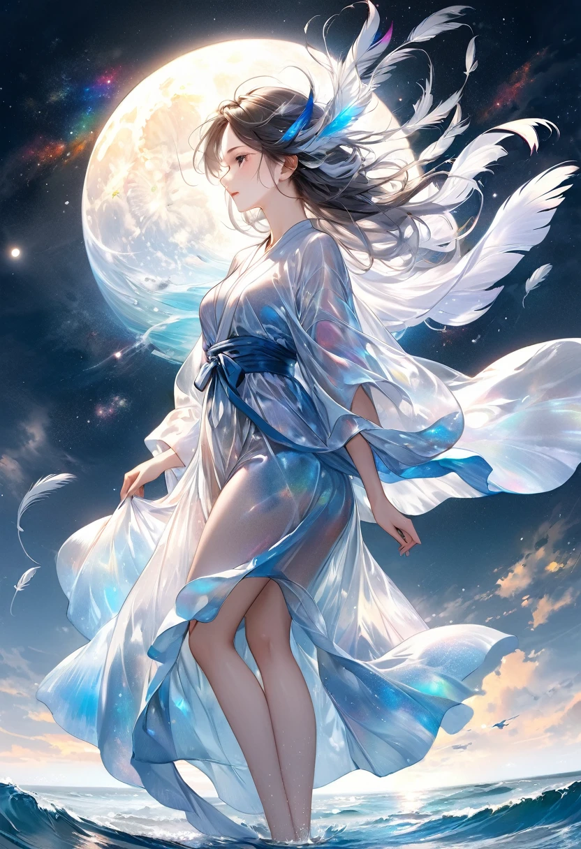 Highest quality, Super quality, 16K, masterpiece, RAW Photos, Realistic, Three-dimensional depiction of rippling oil paintings, A fusion of watercolor and oil painting, Monochrome and color combination, Ocean and galaxy universe in the daytime big full moon, the transparent translucent iridescent feather robe of heavenly maiden perched in the air and fluttering in the Wind, Wind, Wind-effects, Excellent image effect, A wonderful work of art、Tears