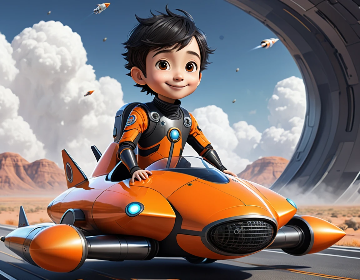 Create an image of a short, childlike, and funny-looking male AI character with a predominantly orange and black appearance. He should be riding a rocket that is smaller than he is. The background should be white. The AI character should have a cheerful expression, and the rocket should look comically small compared to him, emphasizing the whimsical and playful nature of the scene. realistic, futuristic, super detailed