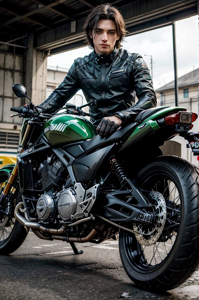 Hombre, como motociclista y modelo, alto y con cuerpo musculoso, con el cabello corto color negro, delineado negro en la parte inferior de los ojos y ojos verdes, modelo, cuerpo completo.