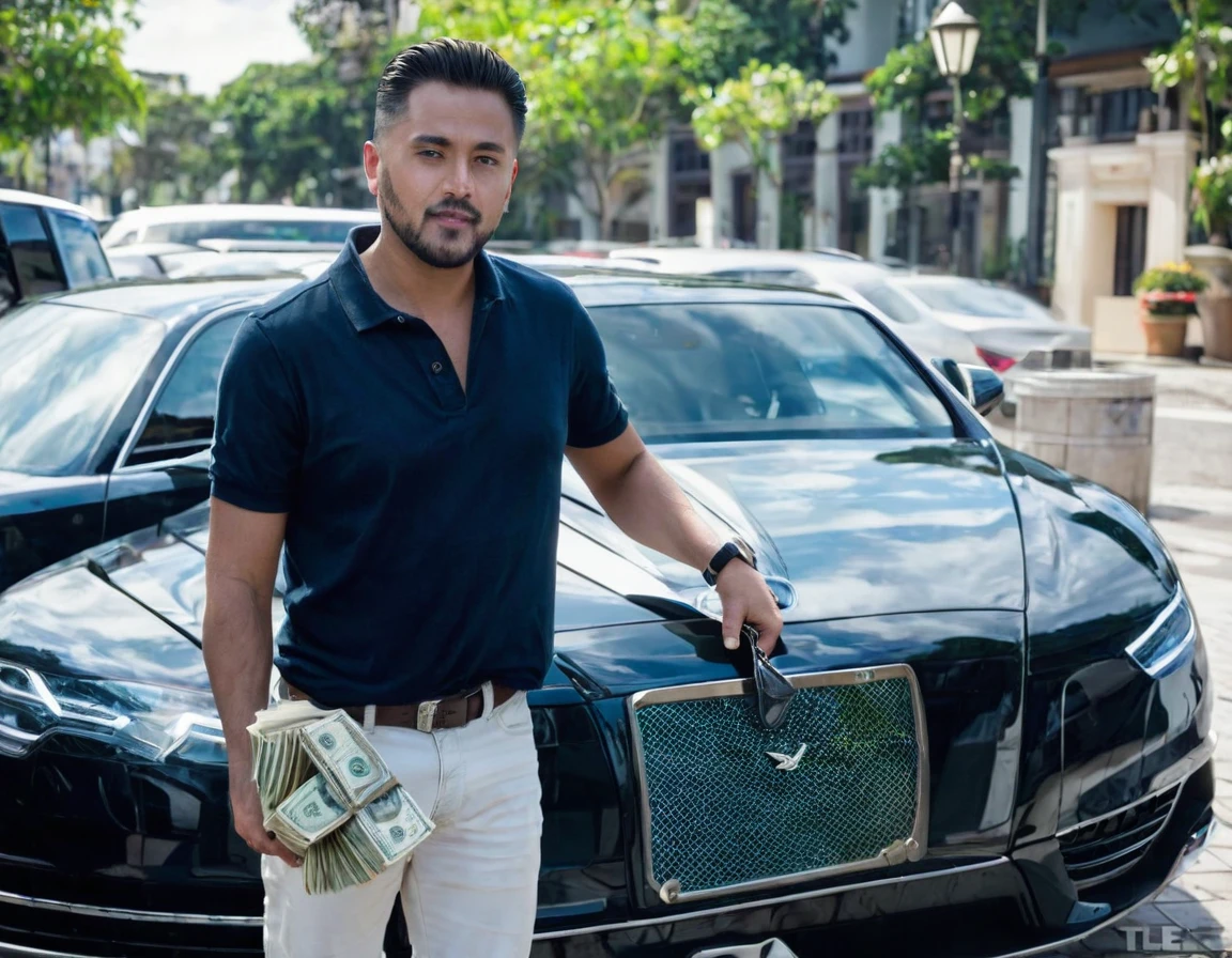A man with old money style casual dress and full cash in his hand and luxury cars in his background and a over filled cash bag in his hand