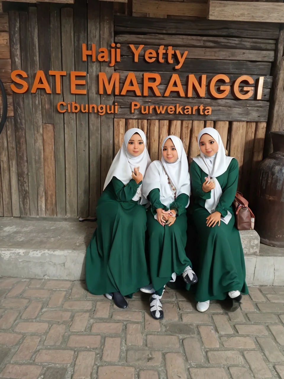 Tiga orang wanita berhijab putih, memakai dress warna hijau emerald. Semua dalam posisi duduk. Sebelah kiri memakai kacamata. Sebelah kanan posisi sarangheyo. Yang di tengah agak gemoy. Usia 40 tahunan. Posisi kaki menyilang. Latar di cafe. 4k. Fotografi profesional. 
