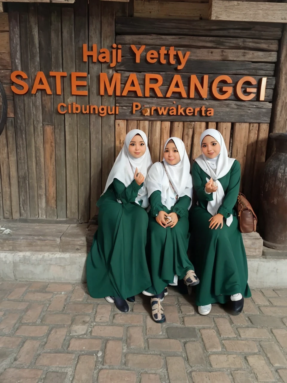 Tiga orang wanita berhijab putih, memakai dress warna hijau emerald. Semua dalam posisi duduk. Sebelah kiri memakai kacamata. Sebelah kanan posisi sarangheyo. Yang di tengah agak gemoy. Usia 40 tahunan. Posisi kaki menyilang. Latar di cafe. 4k. Fotografi profesional.