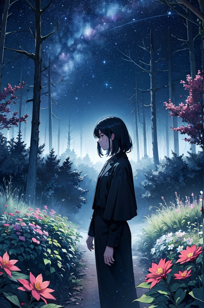 (mysterious, somber mood:1.1) darkened forest garden grove, (pretty) flowers, (starry) sky, (open) sky, (night time, dark colors, atmosphere:1.2)