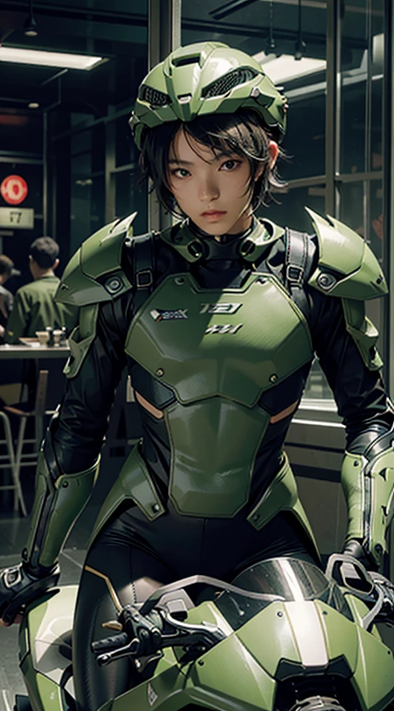 Highest image quality, outstanding details, ultra-high resolution, (realism: 1.4), the best illustration, favor details, highly condensed 1boy, with a delicate and beautiful face, dressed in a black and green mecha, wearing a mecha helmet, holding a directional controller, riding on a motorcycle, the background is a high-tech lighting scene of the future city,wide hips, thin and narrow weist, young man, young man , very small spikey boyish haircut , penis bulge 