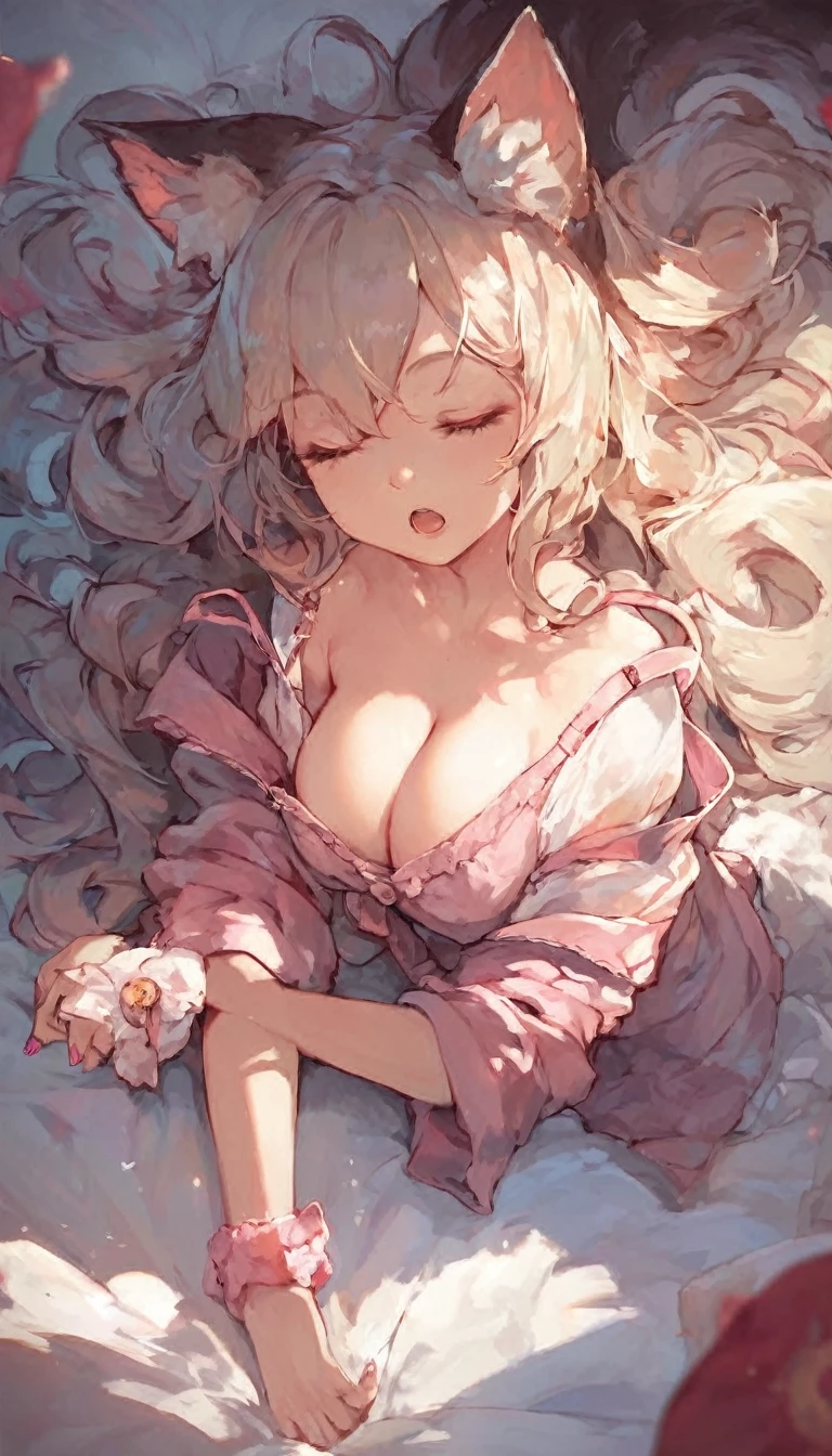 score_9, score_8_superior, score_7_superior, score_6_superior,cute anime women with big eyes and big tails laying on the bed, 1girl, breasts, animal ears, solo, closed eyes, long hair, cleavage, cat ears, pink nails, open mouth, off shoulder, animal ear fluff