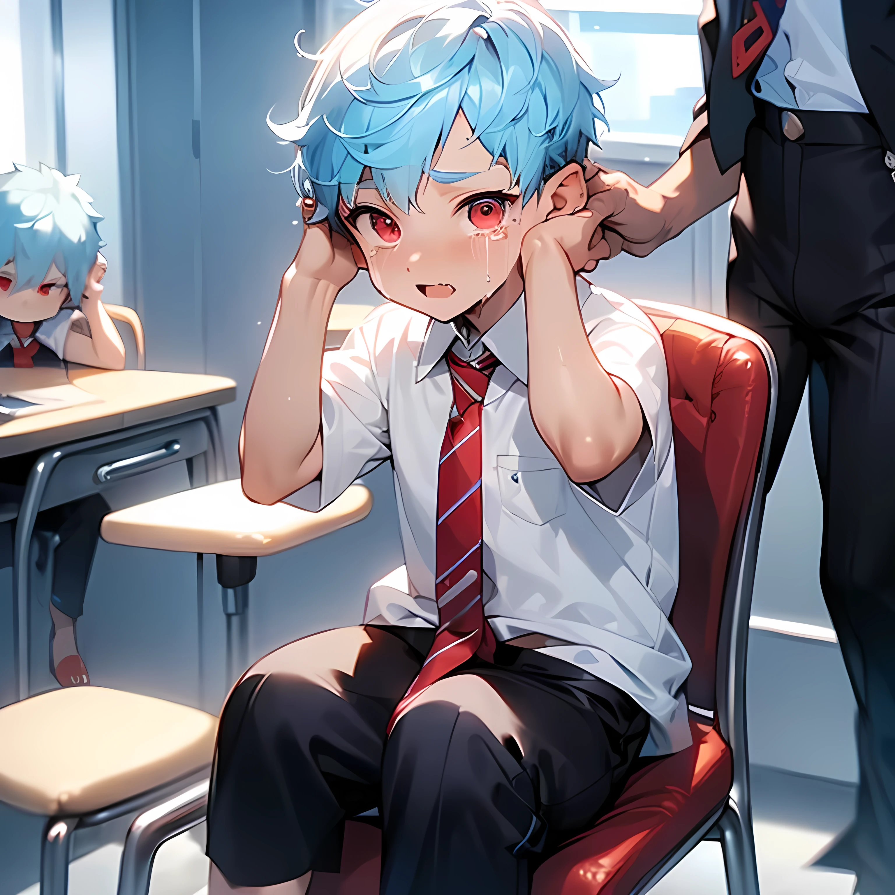 (boldline:-1.6), ((bubble)), (hands on his head:1.5), (sitting office chair:1.5), ((bubble)), (((fang))), (((best finger))), BREAK (best quality:1.5), (absolutely resolution:1.5), (ultra detailed:1.5), (masterpiece:1.5), (perfect face:1.5), (detailed face:1.3), (detailed eyes:1.5), (best eyes:1.5), (cute face), (shota:1.7), BREAK (white dress shirts:1.5), (red strips necktie:1.5), BREAK (black pants:1.5), (bulge:1.6), (skinny:1.3), (spiked hair), BREAK (light blue hair:1.5), (wine red eyes:1.4), (eyes with highlight:1.6), ((mole under eye)), (sweaty skin), ((crying)), (anguish:1.5), ((earrings)), (shiny skin:1.3), BREAK (office), (bottle on desk:1.3), (front desk), (silver computer), (sunlight), ((wind blowing)), (nipple), abs, groin, from below,