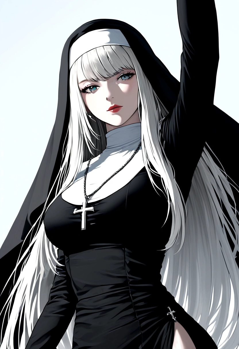 Character (hair bangs) (white long hair) (white pale skin) (battle nun-style clothing) (black clothing) (character in dynamic pose) (perspective angle taken)