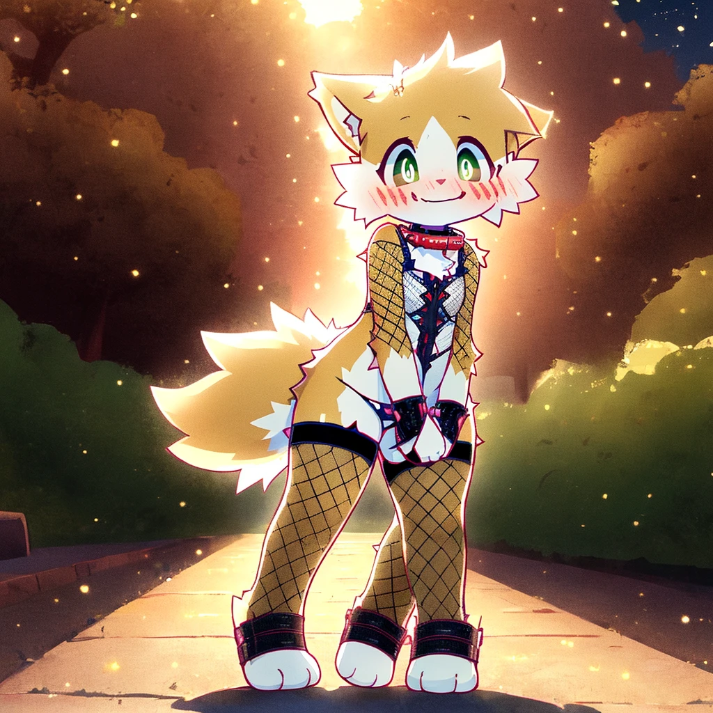art by dagasi, (solo:1.5), Best Quality, Masterpiece, (Absurdres:), Detailed, Ultra-Detailed, Digital Art, correct anatomy, arms in correct position, full body, (high quality, high res, 4k:1.2), (kid:1.5), (small, youthful), rolo, furry, small, (kid female:1.3), fluffy, light orange fur, green cat eyes, (beautiful eyes), juicy thighs, flushed, embarrassed, small nervous smile, blushing, fluffy tail, eyelashes, slightly enjoying, walking through the park, on a very dark night, very dark, no light, wearing fishnet stockings, (wearing fishnet sleeves:1.2), (red collar:1.2), (spiked collar:1.1), SFW, lingerie