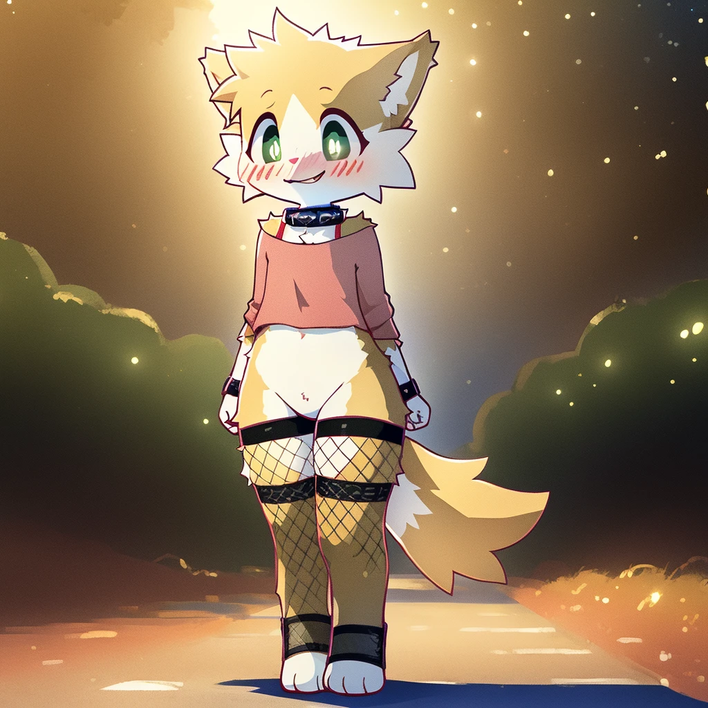 art by dagasi, (solo:1.5), Best Quality, Masterpiece, (Absurdres:), Detailed, Ultra-Detailed, Digital Art, correct anatomy, arms in correct position, full body, (high quality, high res, 4k:1.2), (kid:1.5), (small, youthful), rolo, furry, small, (kid female:1.3), fluffy, light orange fur, green cat eyes, (beautiful eyes), juicy thighs, flushed, embarrassed, small nervous smile, blushing, fluffy tail, eyelashes, slightly enjoying, walking through the park, on a very dark night, very dark, no light, wearing fishnet stockings, (wearing fishnet sleeves:1.2), (red collar:1.2), (spiked collar:1.1), SFW, lingerie