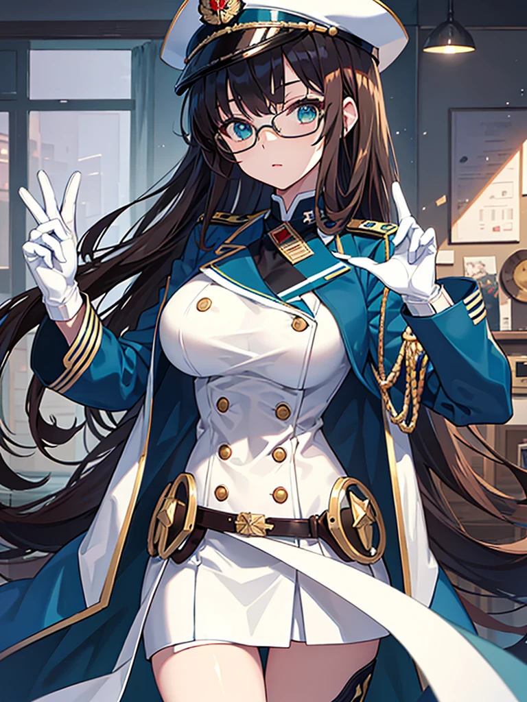 masterpiece, best quality, beautiful girl, brown hair whit white inner color, emerald green eyes, dark blue military uniform, mature_female, eye_glasses, white gloves, anime, dark blue military hat, very_long_hair, perfect body, red ribbon, commander, science_fiction, black knee-high boots, white pencil skirt , cowboy_shot, best quality, large_breasts, ultra-detailed, high quality, two-tone uniform, sci-fi, royal blue Trench Coat, fantasy world, one girl 