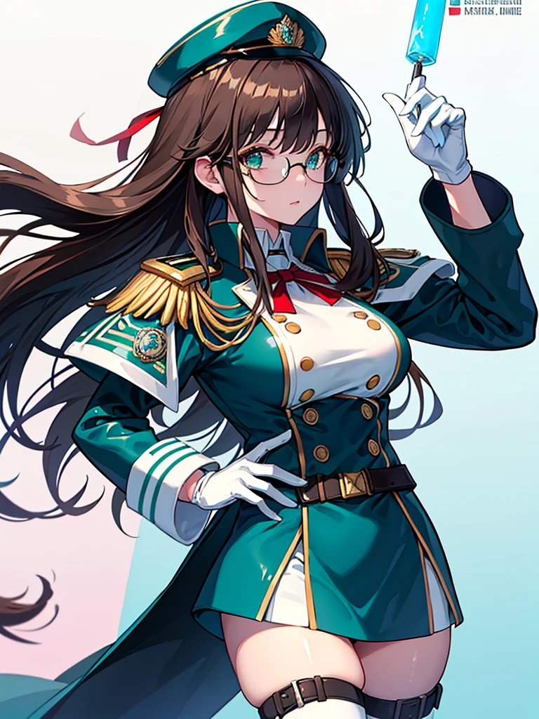 masterpiece, best quality, beautiful girl, brown hair whit white inner color, emerald green eyes, dark blue military uniform, mature_female, eye_glasses, white gloves, anime, dark blue military hat, very_long_hair, perfect body, red ribbon, commander, science_fiction, black knee-high boots, white pencil skirt , cowboy_shot, best quality, large_breasts, ultra-detailed, high quality, two-tone uniform, sci-fi, royal blue Trench Coat, fantasy world, one girl 