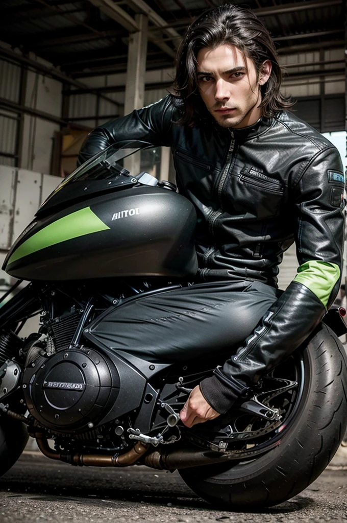 Hombre, como motociclista y modelo, alto y con cuerpo musculoso, con el cabello corto color negro, delineado negro en la parte inferior de los ojos y ojos verdes,  modelo, cuerpo completo.