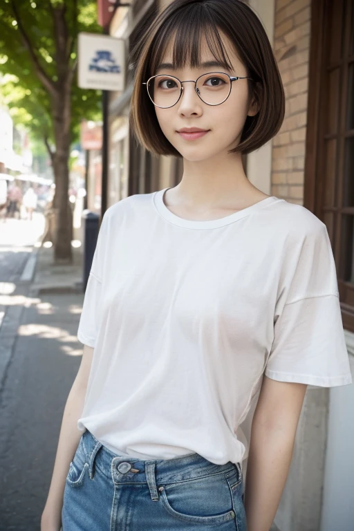 Upper Body, ((show off nipple)), main street, japanese lady, pale skin, droopy eyes, 20 year old, bowl cut hair, ((white loose t-shirt,lowrise skinny jeans)), ((standing)), high quality:1.3, shoot from below 2.0, Professional lighting:2.0 realistic:1.2, 4k resolution, detailed skin, masterpiece:1.1,smile,(Glasses),(no bra:1.3),(braless),(naval),