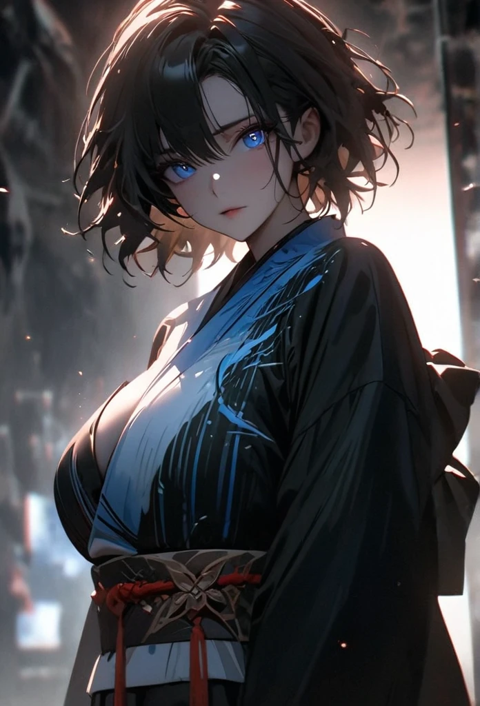 (solo), pitch black hair, messy hair, mane hair, short hair, dense hair, wild hair, expressive hai,(25 year old), pale skin, ((Female)), blue eyes, beautiful girl, wearing a white and blue decoration kimono, beautiful, attractive, huge breast, big ass, Yin, eye reflection, depth of field, thunder aura, cinematic lighting, ray tracing, depth of field, cinematic lighting, ray tracing, UHD, high details, best quality, highres, high quality, award winning, super detail, masterpiece, 8k, UHD, high details, best quality, highres, high quality, award winning, super detail, masterpiece, 8k, digital art, anime coloring, body shot, full body, back shot, good face, perfect face, detailed face, good eyes. The background is space. A whitehole in the background.