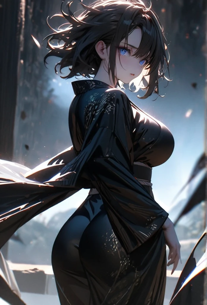 (solo), pitch black hair, messy hair, mane hair, short hair, dense hair, wild hair, expressive hai,(25 year old), pale skin, ((Female)), blue eyes, beautiful girl, wearing a white and blue decoration kimono, beautiful, attractive, huge breast, big ass, Yin, eye reflection, depth of field, thunder aura, cinematic lighting, ray tracing, depth of field, cinematic lighting, ray tracing, UHD, high details, best quality, highres, high quality, award winning, super detail, masterpiece, 8k, UHD, high details, best quality, highres, high quality, award winning, super detail, masterpiece, 8k, digital art, anime coloring, body shot, full body, back shot, good face, perfect face, detailed face, good eyes. The background is space. A whitehole in the background.