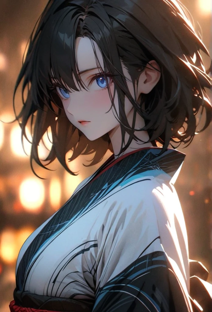 (solo), pitch black hair, messy hair, mane hair, short hair, dense hair, wild hair, expressive hai,(25 year old), pale skin, ((Female)), blue eyes, beautiful girl, wearing a white and blue decoration kimono, beautiful, attractive, huge breast, big ass, Yin, eye reflection, depth of field, thunder aura, cinematic lighting, ray tracing, depth of field, cinematic lighting, ray tracing, UHD, high details, best quality, highres, high quality, award winning, super detail, masterpiece, 8k, UHD, high details, best quality, highres, high quality, award winning, super detail, masterpiece, 8k, digital art, anime coloring, body shot, full body, back shot, good face, perfect face, detailed face, good eyes. The background is space. A whitehole in the background.