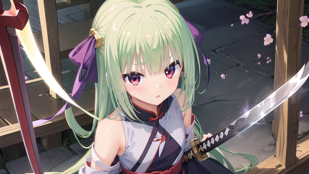 ((masterpiece)),(best quality),Official Art,Extremely detailed CG,Unity 8K wallpaper,Very detailed,Beautiful and delicate eyes,Extremely detailed face,1 girl,solitary,,(whole body:1.5),(small:1.3),,,Murasame,Very long hair,Green Hair,Face Up,Purple bow,hairpin,Side chains,Bangs,Red Eyes,Neck strap,Red belt,Sword Master，In clothing design，Deconstruction based on the Tang Dynasty cross-breasted long gown。Combined with Li Bai&#39;s poem &quot;Lazy Shaking White Feather Fan&quot;，&quot;Naked in the Green Forest&quot; is a casual and bold description，Designed for simplicity and segmentation、The overall center of gravity is lower, with wide sleeves。at the same time，The overall clothing is painted in ink-splashing style.，Presents the pattern of ink landscape painting，Expressing his unrestrained and unrestrained temperament。at the same time在局内表现中，Hem、Ink dye at the end of the sleeves，It will be presented in the dynamics of water flow，It adds to the swordsman&#39;s sense of 。
In the design of weapons，White sword blade，The blue sword tip is interspersed with black；The hilt is made of white jade, which adds to the ancient charm.。besides，We added the design of the scabbard for the first time，On it are bunches of freshly picked white plum blossoms.，Highlighting the ultimate romance of chivalry in the world，Plum blossoms bloom all over the tree。Ink into Poetry、Chinese landscape paintings with great charm。