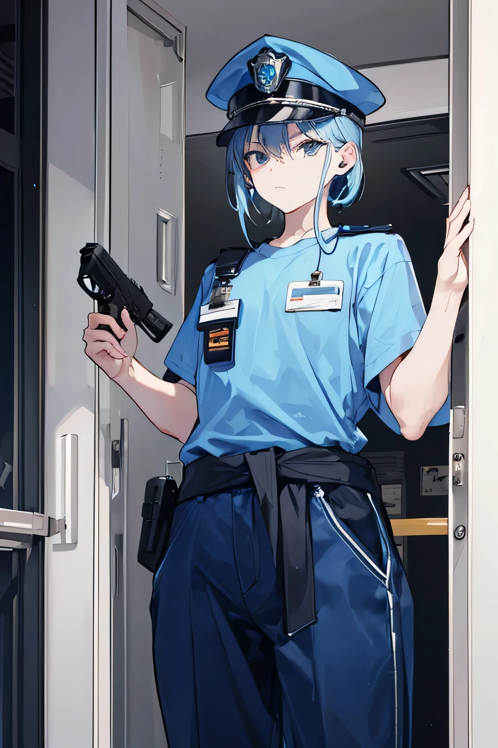 1 Middle-aged male，Blue police cap，Light blue shirt，Dark police pants，Black wireless earphones in the left ear，Holding an open police ID card，A pistol is inserted in the waist，Standing in front of the door，Facing the camera，Serious look
