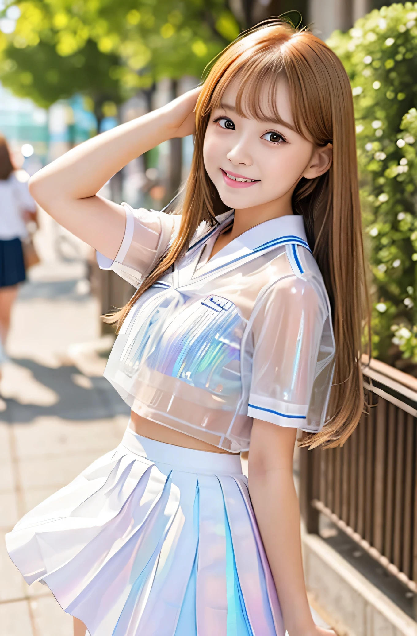 Angelic Very beautiful cute young girl, Beautiful detailed eyes ,
Detailed double eyelids,
(Large eyes:1.3),
Long straight brown hair,
see-through bangs,
beautiful detailed face and eyes,
small straight nose,
small mouth,
smiling,
BREAK (shiny white transparent holographic sailor high school uniform:1.3),(shiny white transparent holographic pleated skirt :1.3), (smiling:1.3)
Walking,
Costume lighting,
In the street ,
(Brown hair:1.2)