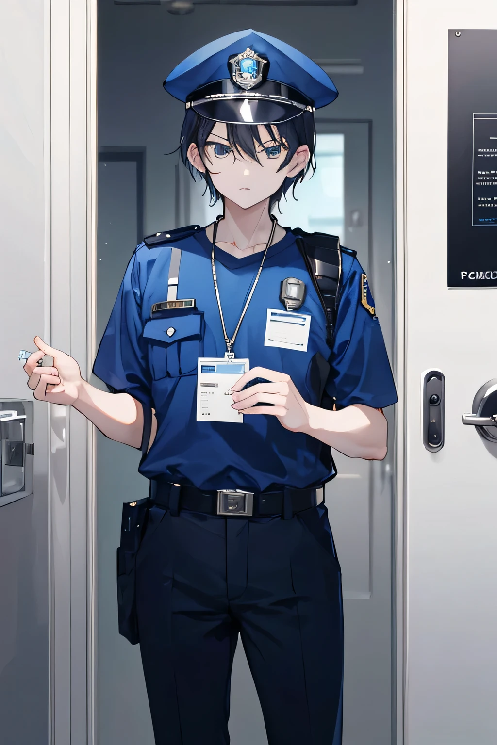 1 Young Male，Blue police cap，Light blue shirt，Dark police pants，Holding an open police ID card，Standing in front of the door，Facing the camera，Serious look