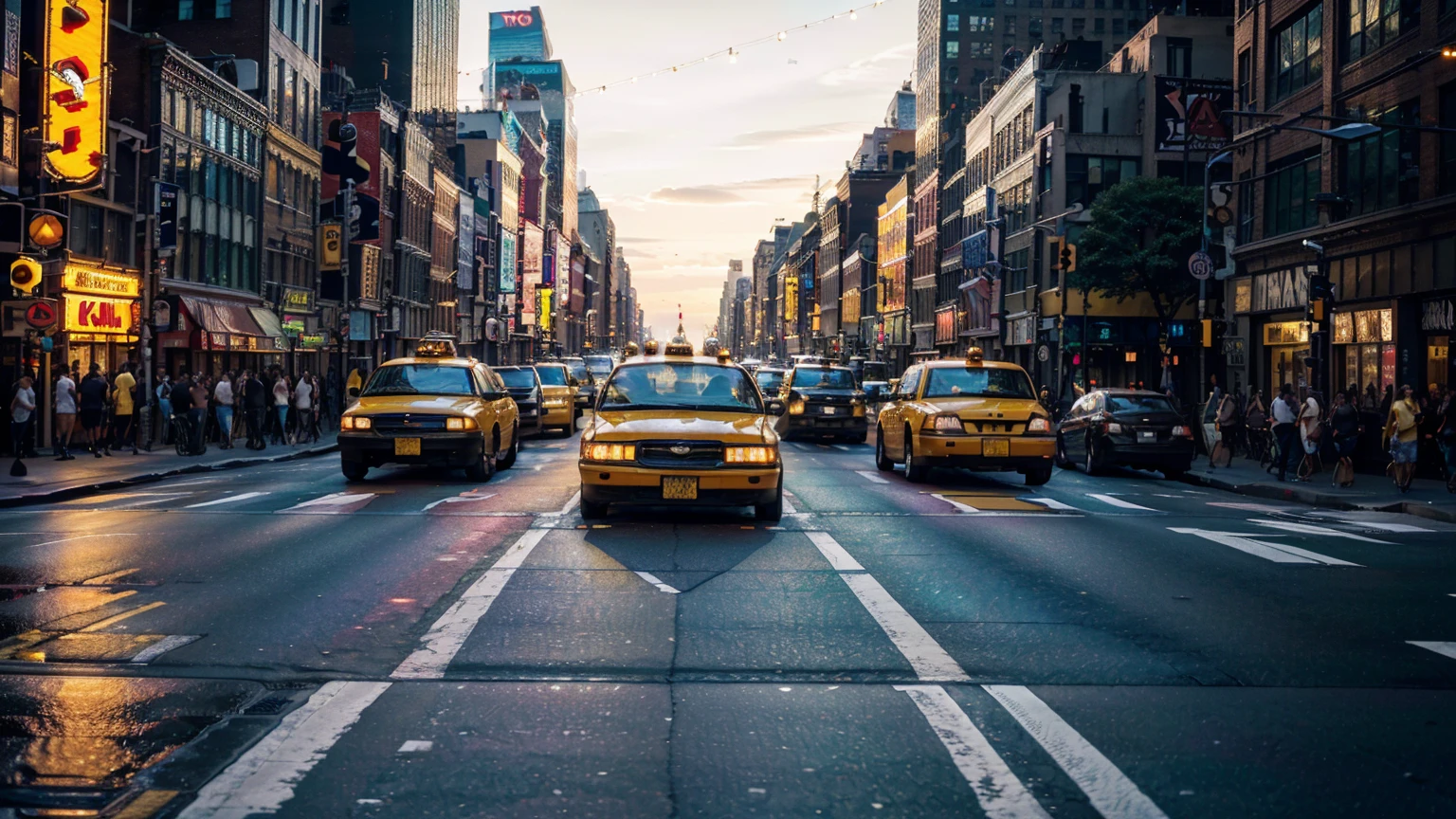a crowded city street in New York City, asphalt road, heavy traffic, skyscrapers, yellow taxi cabs, pedestrians crossing the road, neon signs, billboards, street lamps, (best quality,4k,8k,highres,masterpiece:1.2),ultra-detailed,(realistic,photorealistic,photo-realistic:1.37),cinematic lighting, dynamic composition, vibrant colors, urban environment