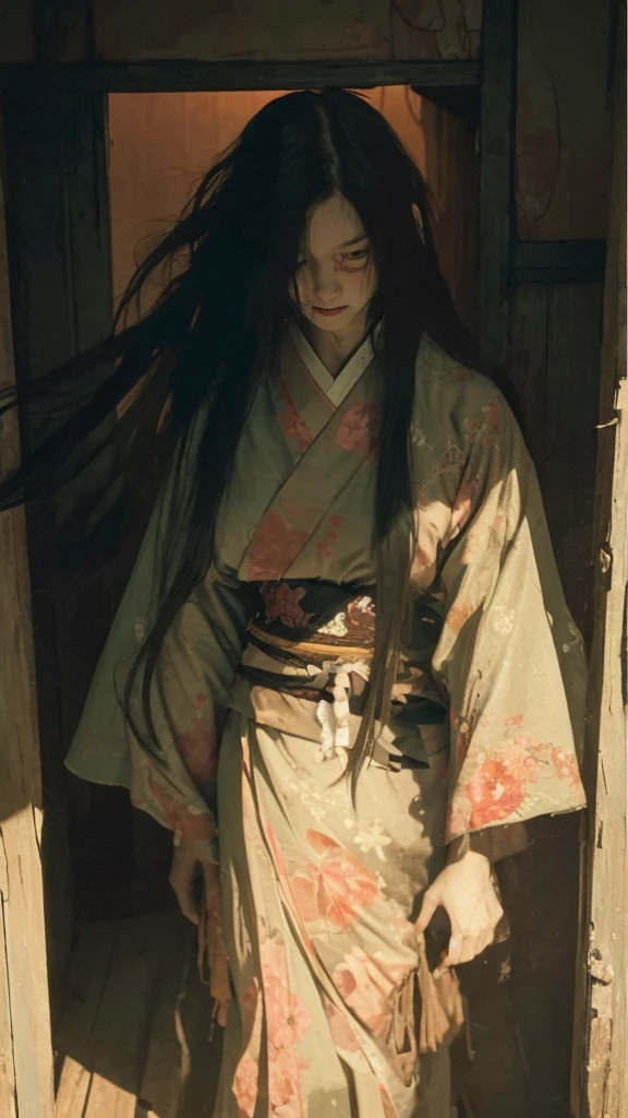 A young woman, in her 20s, with a pale, ghostly complexion, stands alone in a deserted, traditional Japanese house. She wears a tattered kimono, once beautiful but now stained and torn, with long, wild black hair falling over her face, partially obscuring her features. Her posture is contorted and unnatural; she is bent forward at an uncomfortable angle, with her head tilted to the side, eyes widened in a perpetual scream, mouth open in a silent, eternal terror. Her arms are outstretched, fingers curved and claw-like, as if reaching for something, or someone, beyond the frame. The background is a dimly lit room, with old, worn tatami mats and sliding paper doors, adorned with intricate, but faded, paintings of birds and flowers. The atmosphere is heavy and oppressive, with a sense of lingering malevolence. A faint, eerie light shines through a torn shoji door, casting an otherworldly glow on the woman, enhancing the surreal and frightening nature of the scene.