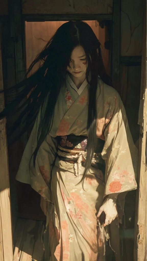 A young woman, in her 20s, with a pale, ghostly complexion, stands alone in a deserted, traditional Japanese house. She wears a tattered kimono, once beautiful but now stained and torn, with long, wild black hair falling over her face, partially obscuring her features. Her posture is contorted and unnatural; she is bent forward at an uncomfortable angle, with her head tilted to the side, eyes widened in a perpetual scream, mouth open in a silent, eternal terror. Her arms are outstretched, fingers curved and claw-like, as if reaching for something, or someone, beyond the frame. The background is a dimly lit room, with old, worn tatami mats and sliding paper doors, adorned with intricate, but faded, paintings of birds and flowers. The atmosphere is heavy and oppressive, with a sense of lingering malevolence. A faint, eerie light shines through a torn shoji door, casting an otherworldly glow on the woman, enhancing the surreal and frightening nature of the scene.