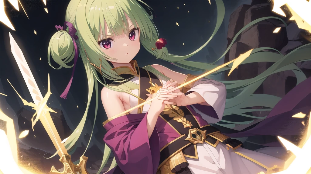 ((masterpiece)),(best quality),Official Art,Extremely detailed CG,Unity 8K wallpaper,Very detailed,Beautiful and delicate eyes,Extremely detailed face,1 girl,solitary,,(whole body:1.5),(small:1.3),,,Murasame,Very long hair,Green Hair,Face Up,Purple bow,hairpin,Side chains,Bangs,Red Eyes,Neck strap,Red belt,Sword Master，Still wearing a flowing white robe，Showing the free and noble character，The golden life energy gathered from his brows，The majestic life energy provides his sword-holding hand with extraordinary strength.，The overflowing energy dyed the ends of the hair and the hem of the clothes white.，Gives a sense of transcendence 。Weapon design，The golden sword body represents the gathering of countless life energies.，After entering the enhanced state，The sword is broken，Energy bursts from the sword，Transformed into golden lightning，Can beat everything，Save the world。
He appeared in the dazzling energy of life，The golden light gathered into a long sword in his hand, and with the power of the sword, he broke through the layers of the glass illusion.，Descend as a God。The golden energy wrapped around the sword, and the light flowed as it was swung.。Sometimes, the sword energy and light blades were raised, and four golden clones transformed into crosses to cut off the floating boulders. Sometimes, a giant sword of light flashed in the afterimage hurricane and fell from the sky to shatter the glass illusion.。

