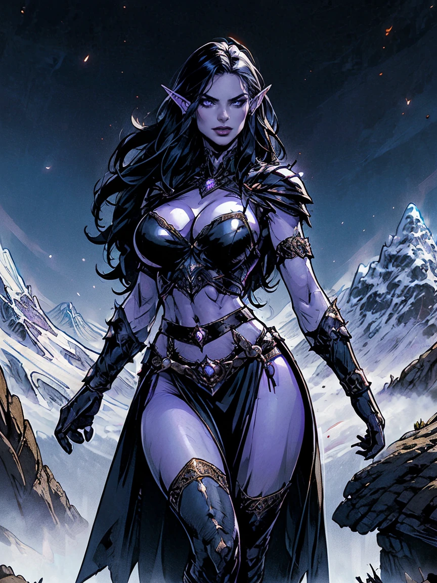 (masterpiece, top quality, best quality, official art, beautiful and aesthetic:1.2), (1girl:1.3), ((Sharp facial features, sharp features, hawkish features)), ((big hair, long elf ears, long black hair)), (((pale purple skin, pale blue skin, blue skin, purple skin))), big tiddy dark elf girl, extremely detailed, portrait, looking at viewer, solo, (full body:0.6), detailed background, full-body shot, (cold night mountain theme:1.1), dark elf war dancer, (spiky winged helmet), charlatan, smirk, mysterious, swaying in mountains, strapless top, skimpy attire, revealing gladiatrix costume, ebony metal, gold filigree, long boots, dual knives, blood red fabric, pelvic curtain, loincloth, black leather, ((((gigantic breasts, cleavage, skindentation, long legs, pelvic curtain)))), cute belly button, toned tummy, slim waist, slim hips, long legs, medieval (mountain exterior:1.1) background, dark mysterious lighting, shadows, magical atmosphere, dutch angle