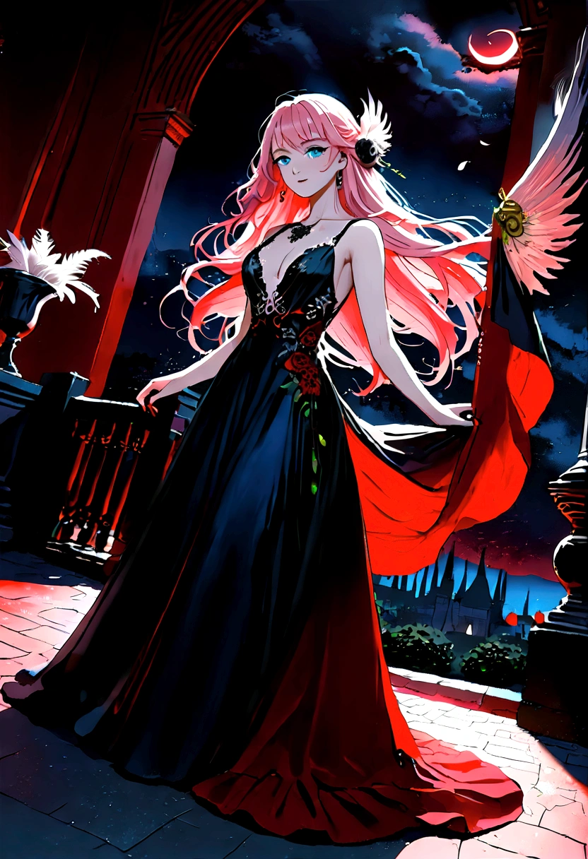 Arafed, a picture of a female angel in high society prom event, divine beautiful female angel, pink hair, long hair, flowing hair, the hair glows in a soft light, cerulean eyes, deep light eyes, divine beautiful face, (spread white feather wings: 1.1), she wears a ((red and black evening dress: 1.2)), elegant, intricate detailed dress, silk dress, small cleavage, some crystals on the dress, she wears elegant knee high heeled boots, exquisite high heeled boots, she stands on the porch of a fantasy castle, dynamic angle, soft torch light, (Masterpiece: 1.5), 16k, highres, best quality, high details, ultra detailed, masterpiece, best quality, (extremely detailed), AngelStyle, GlowingRunesAI_paleblue, angel_wings, Angel, 3d rendering