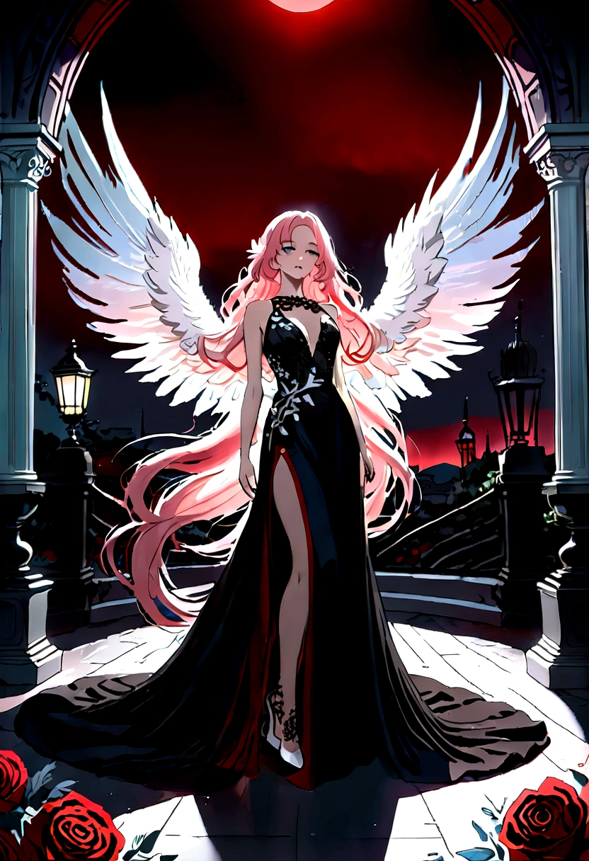 Arafed, a picture of a female angel in high society prom event, divine beautiful female angel, red hair, long hair, flowing hair, the hair glows in a soft light, cerulean eyes, deep light eyes, divine beautiful face, (spread white feather wings: 1.2), she wears a ((pink and black evening dress: 1.5)), elegant, intricate detailed dress, silk dress, small cleavage, some crystals on the dress, she wears elegant knee high heeled boots, exquisite high heeled boots, she stands on the porch of a fantasy castle, dynamic angle, soft torch light, (Masterpiece: 1.5), 16k, highres, best quality, high details, ultra detailed, masterpiece, best quality, (extremely detailed), AngelStyle, GlowingRunesAI_paleblue, angel_wings, Angel