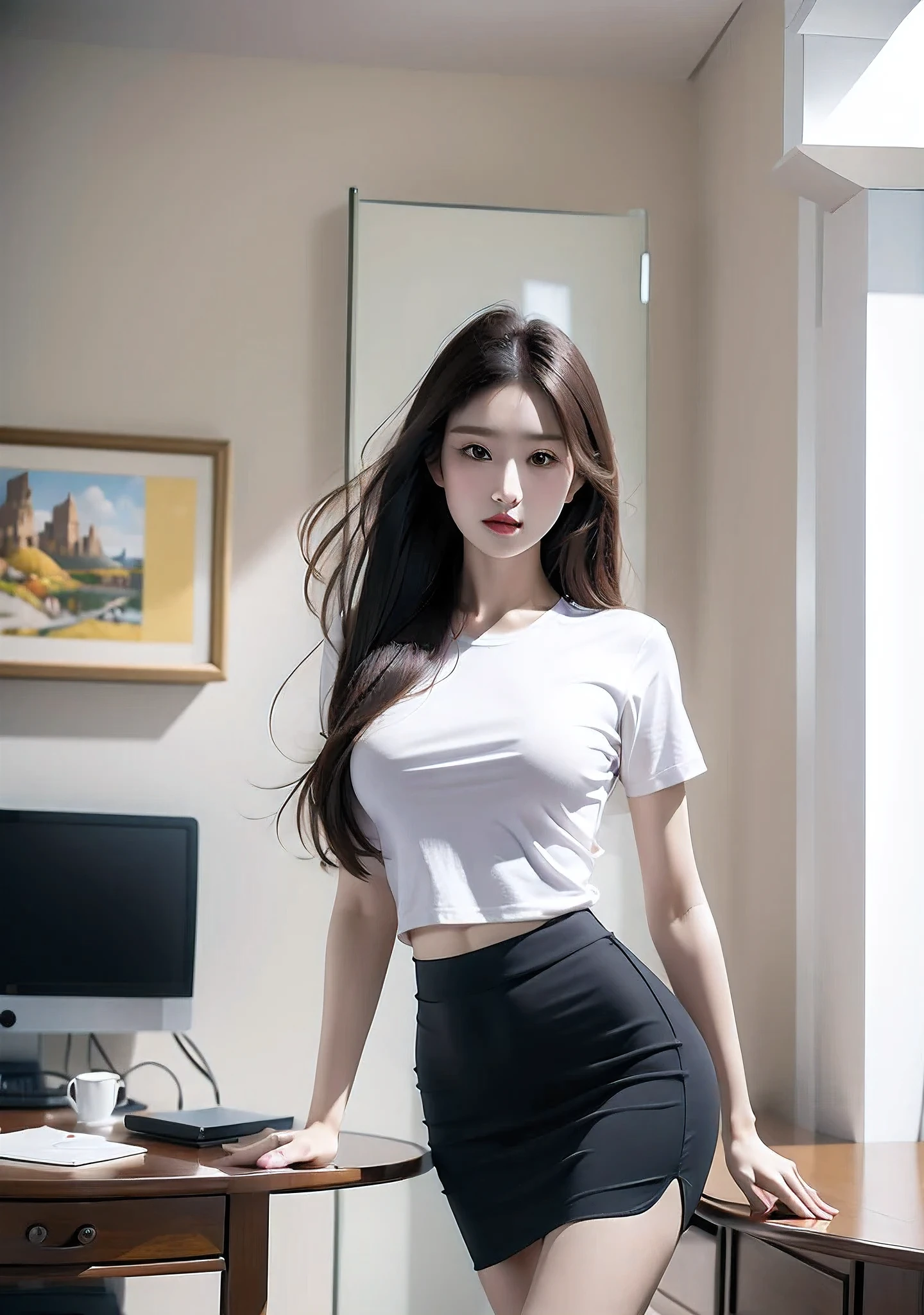 (masterpiece, best quality,High resolution, Super Detail:1.2), 1 Girl, Solitary,Wearing T-shirt,Hip skirt,Place your hands crossed on the table,Lean forward